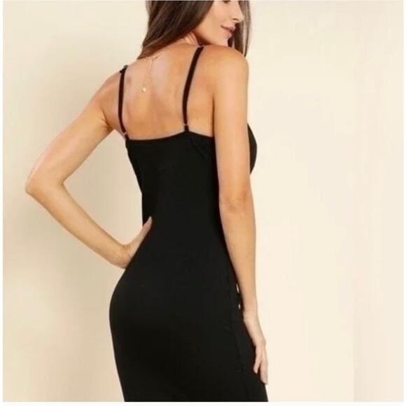 Haute Monde Dress Gold Zip Front Bodycon Size M Black V-Neck Spaghetti Straps - Picture 4 of 16